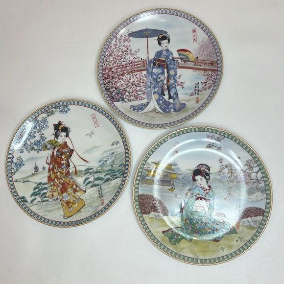 Poetic Visions Of Japan Collectable Porcelain 3 Plates Plum Blossoms A Butterfly - Picture 2 of 5
